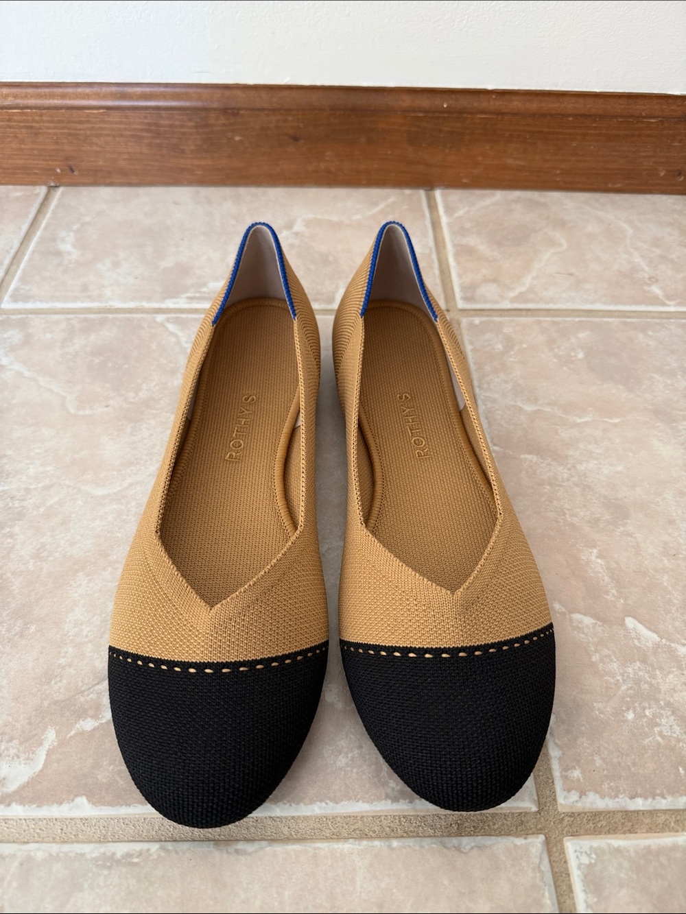 Rothy's “The Flat” Two-Tone Tan and Black Camel Captoe Knit Slip-On Flats